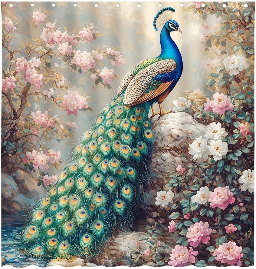 Peacock Shower Curtains Spring Flower Plants Elegant Animals Beautiful Birds Outdoor Landscape Pattern Polyester Fabric Bathroom Decor Partition Bath Curtain Sets 70x70 Inch with Hook