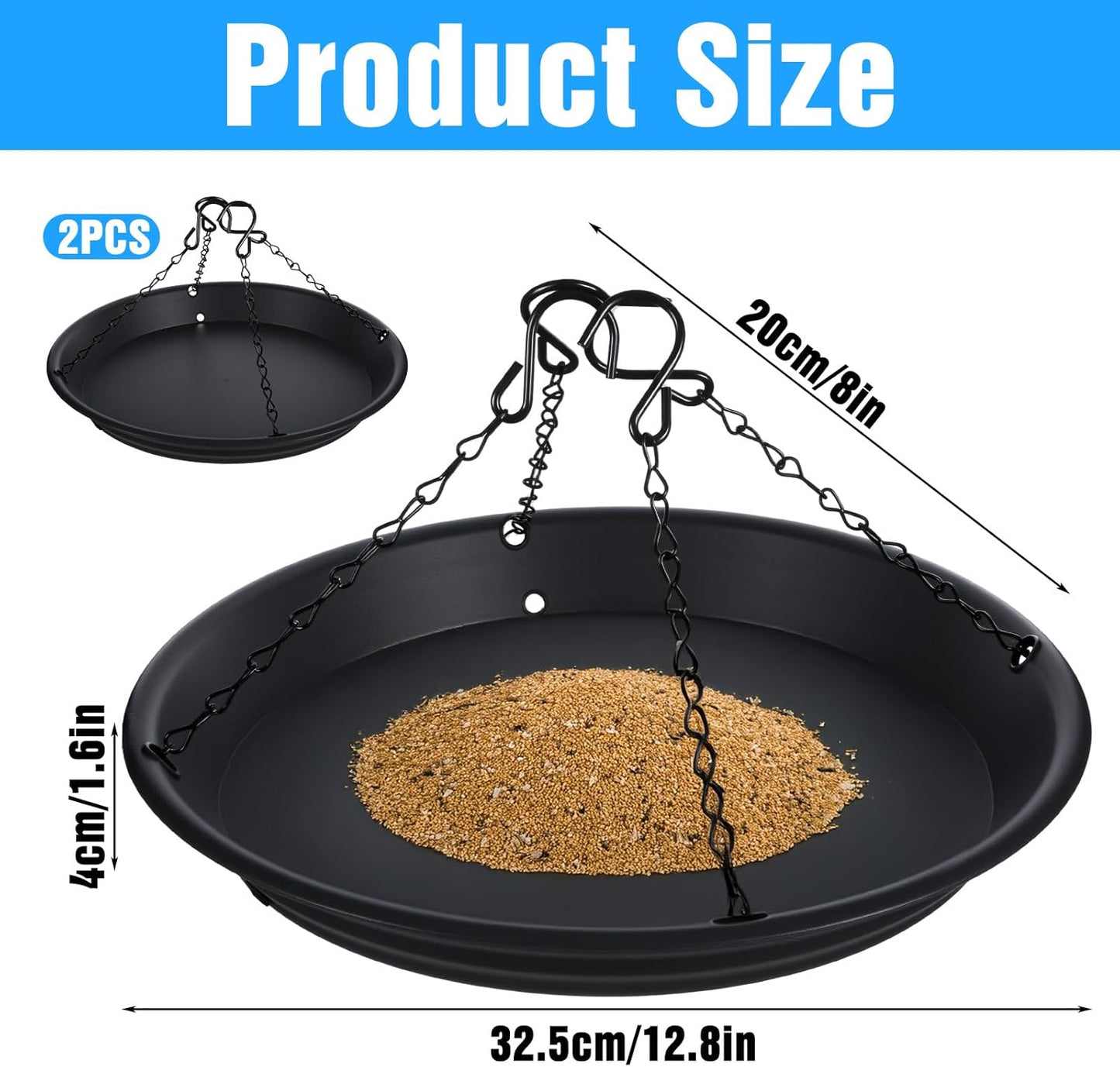 2 Sets 12.8'' Bird Seed Tray Platform Bird Feeder Large Hanging Tray Fits Most Feeders Catches Most Falling Seed and Husk Outdoor Yard Garden Backyard for Attracting Birds, Black