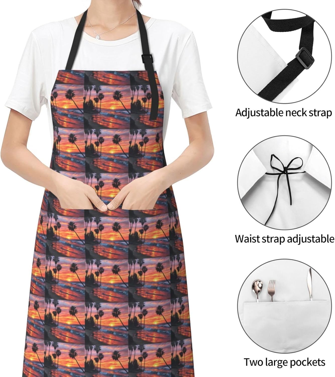 YANYU Palm Tree Sunset Print 28x33 In Kitchen Apron Stylish Chef Apron with Pockets for Cooking Baking Painting