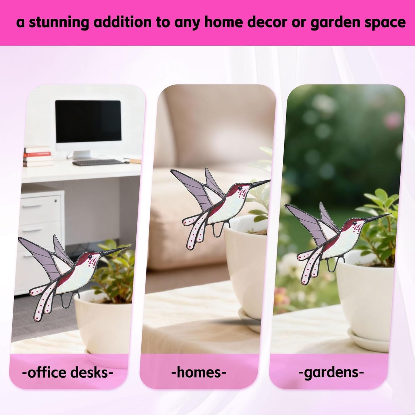 Lolitarcrafts Stained Glass Hummingbird Suncatcher for Planter Decoration – Colorful Glass Plant Pot Ornament, Ideal as a Gift for Christmas or Other Occasions (Purple A)