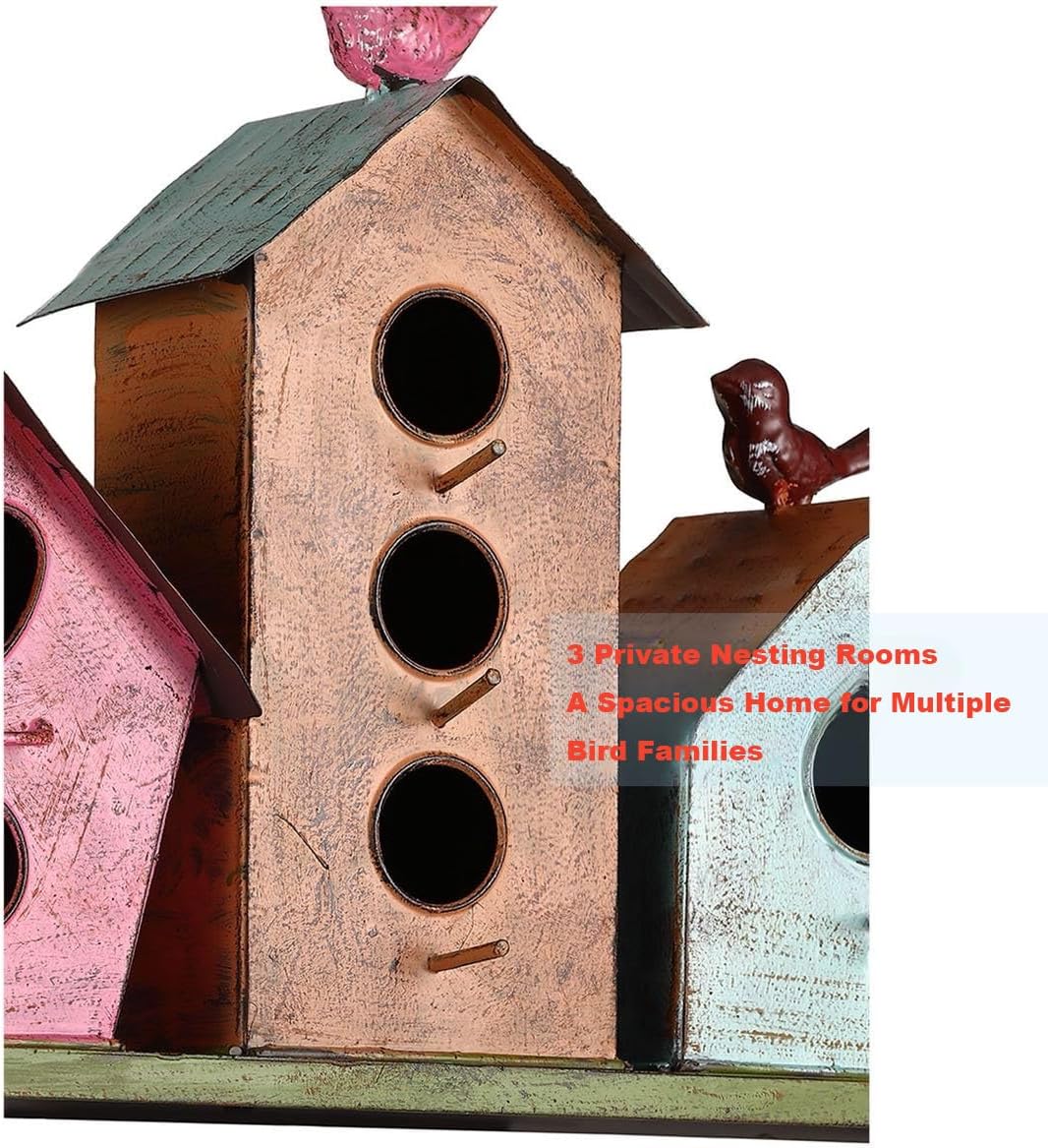 Jemeni Large Bird House for Outside, 3-Room Metal Birdhouse with Easy Clean Door, Weather Resistant Vintage Decorative Cottage for Finches Wrens Cardinals