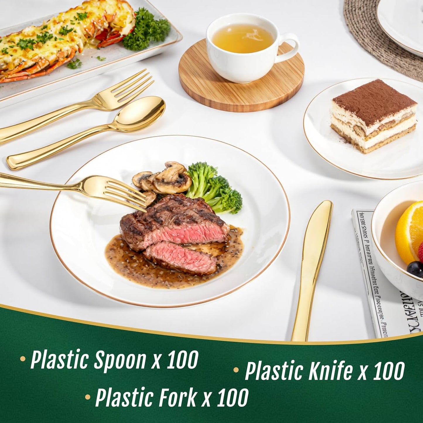 WDF300 Pieces Gold Plastic Silverware - Heavy Duty Disposable Cutlery Set Plastic Gold Silverware Set Includes 100 Forks, 100 Spoons, 100 Knives for Party Baby Shower Wedding Spring