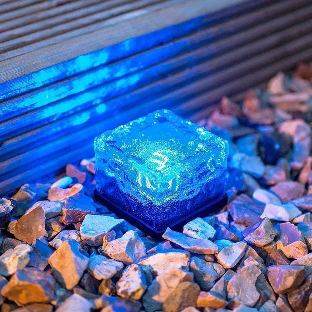 Solar Ice Glass Light,2 Packs Solar Powered Garden Lights, Waterproof IP68 Outdoor Table & Path Lights, Decorative Ice Cube for Yard (Blue)