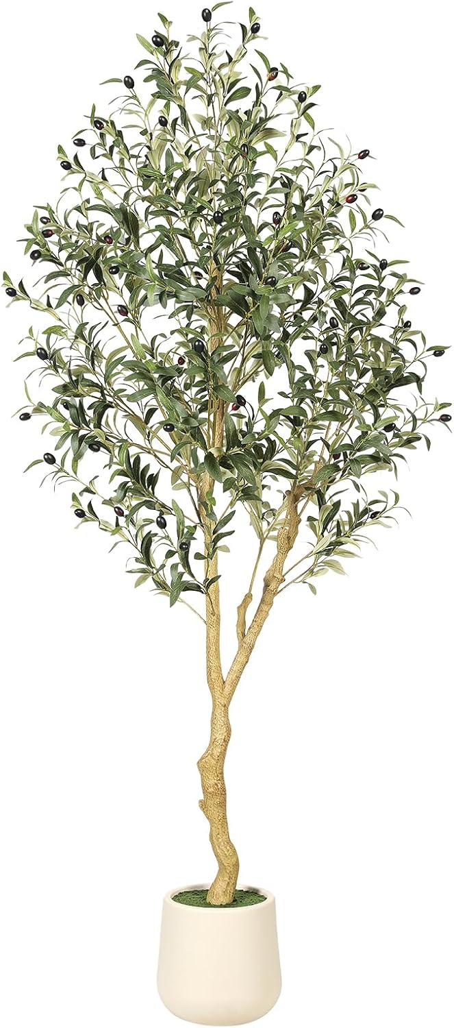 Olive Trees Artificial Indoor 6FT with Planter - Tall Potted Faux Olive Tree, Artificial Plant with Natural Looking Trunk and Lifelike Fruits for Home Office Decor, Weighted Base