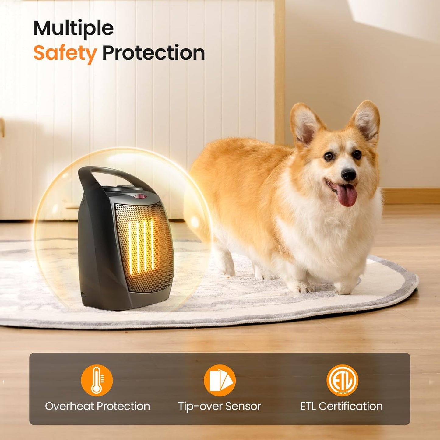 Kismile Small Electric Space Heater Ceramic Space Heater,Portable Heater Fan for Office with Adjustable Thermostat and Overheat Protection ETL Listed for Kitchen, 750W/1500W(Black)