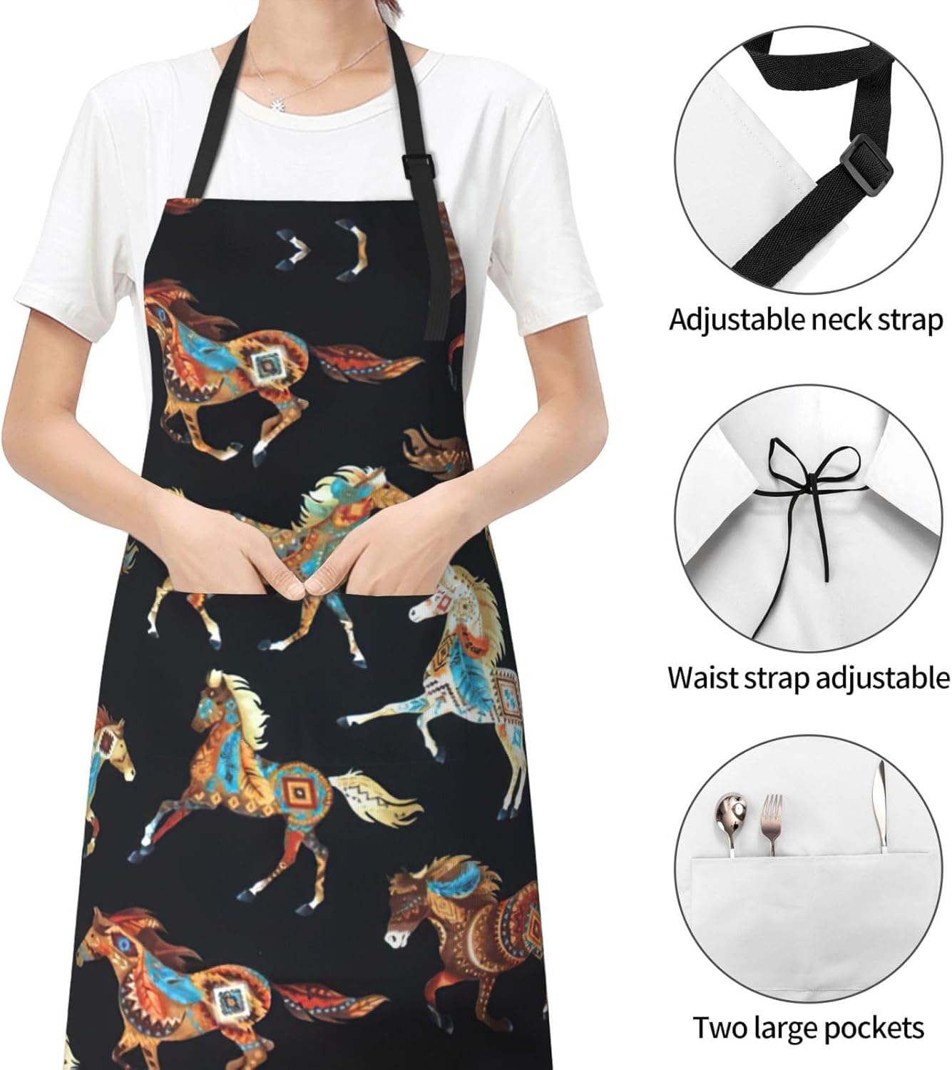 Brown Horse Print Laundry apron 28x33 In Waterproof Kitchen Apron with Pockets for Cooking Baking