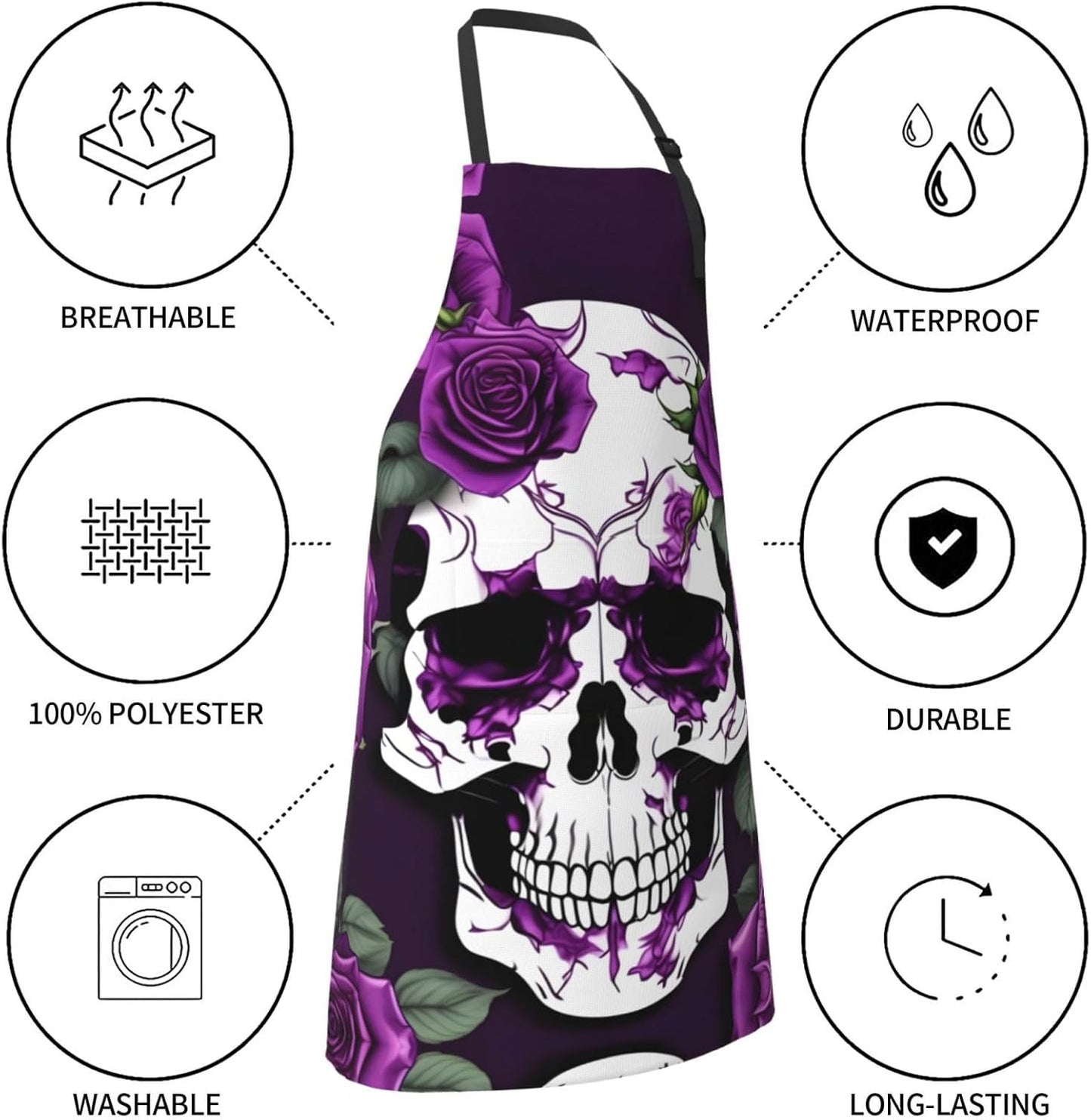 Purple Rose skeleton Print 28x33 In Adult Kitchen Apron with Pockets Versatile Chef Smock for Cooking Baking