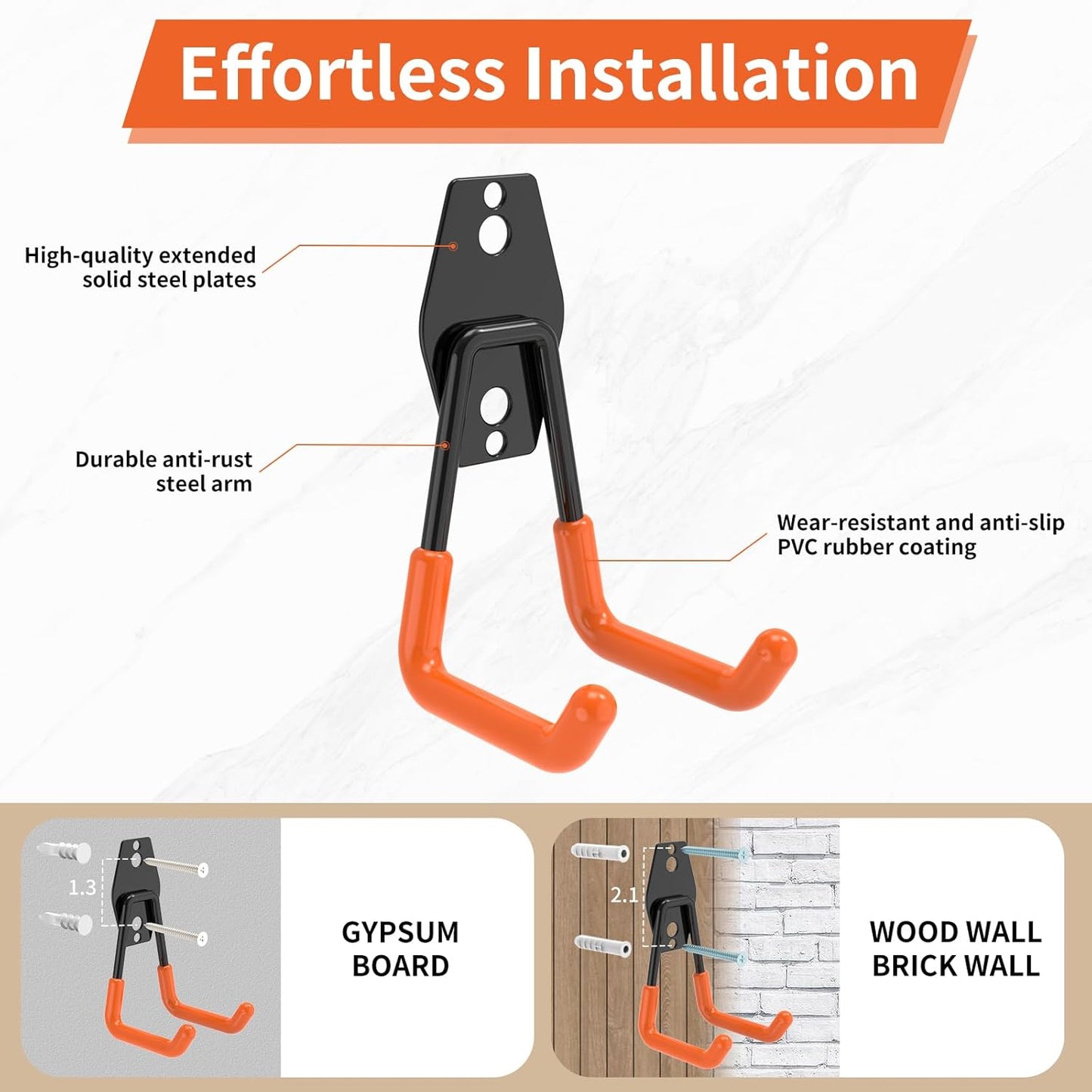 Steel Garage Storage Hooks - 16 Pack Anti-Slip Coating，Heavy Duty Steel Hooks for Hanging Power and Garden Tools，Ladders, Hose, Bikes, Ropes, Bulk Items, and More Hooks