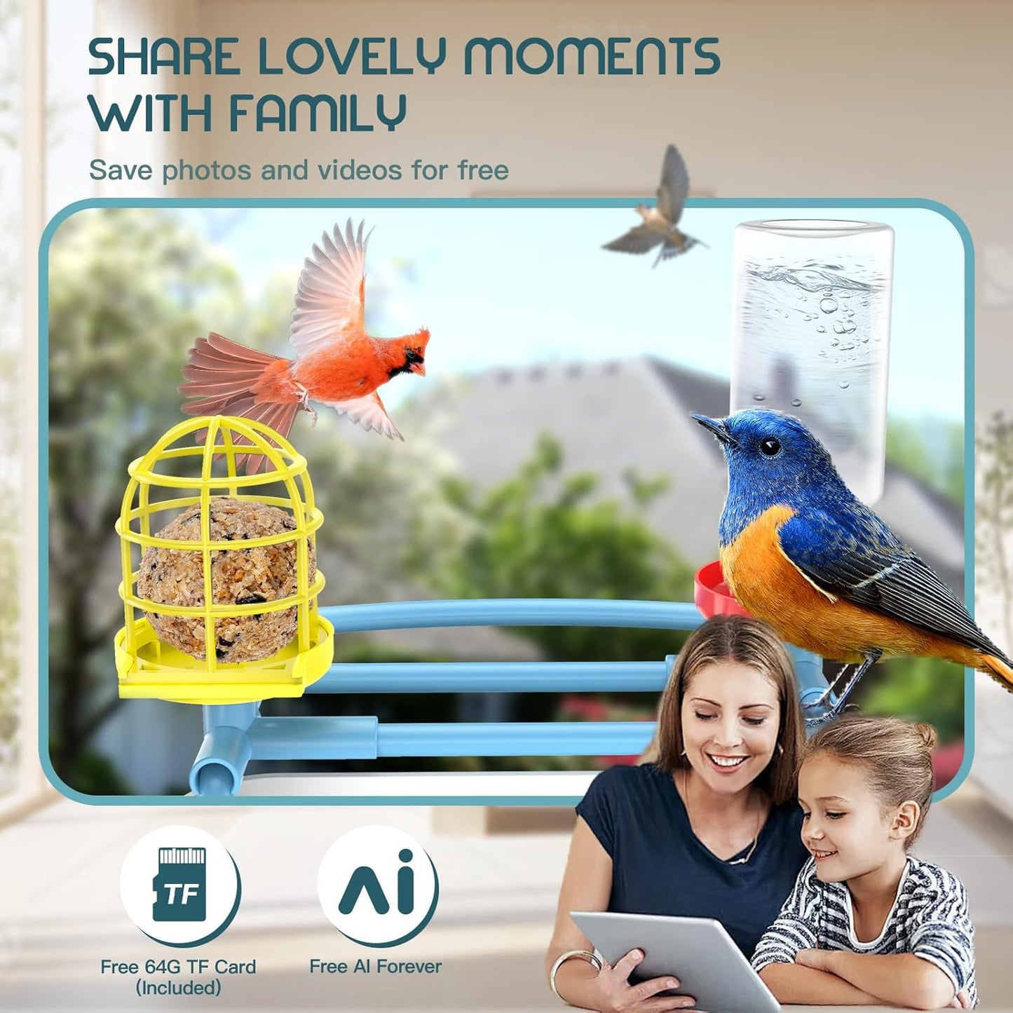 Bird Feeder with Camera, Free AI Forever for 11,000+ Species, 64G TF Card & 1080P HD, Solar-Powered Wireless Outdoor Design, App Alerts & Two-Way Audio for Garden (Sky Blue)