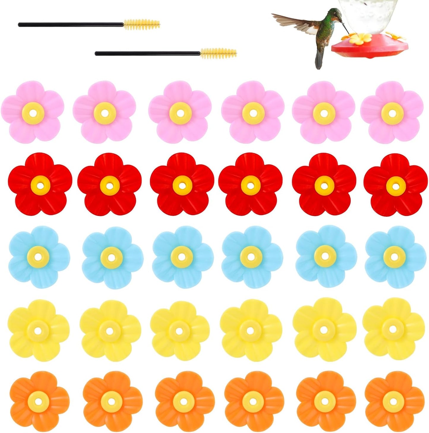 30pcs Hummingbird Feeders Replacement Flowers, PP Colorful Humming Bird Flowers with 2 Cleaning Brush Accessories Parts Bee Guards for Outdoors Hanging Feeders