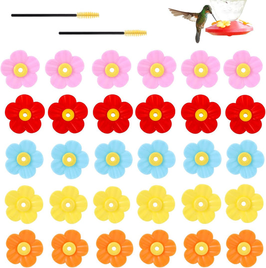 30pcs Hummingbird Feeders Replacement Flowers, PP Colorful Humming Bird Flowers with 2 Cleaning Brush Accessories Parts Bee Guards for Outdoors Hanging Feeders