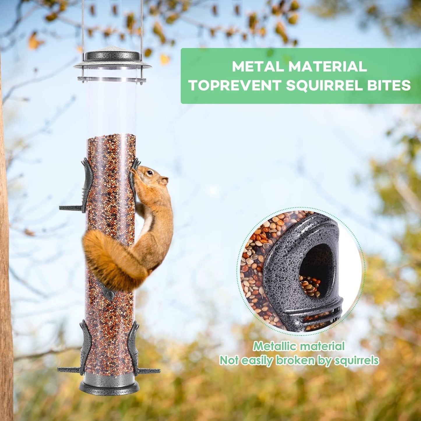 MIXXIDEA 2PK Metal Bird Feeders with 6 Feeding Ports,Tube Bird Feeder with Steel Hanger,Hard Plastic Wild Bird Feeder for Outdoors Hanging, Attracting Birds in Your Lawn, Garden, Balcony (Grey)