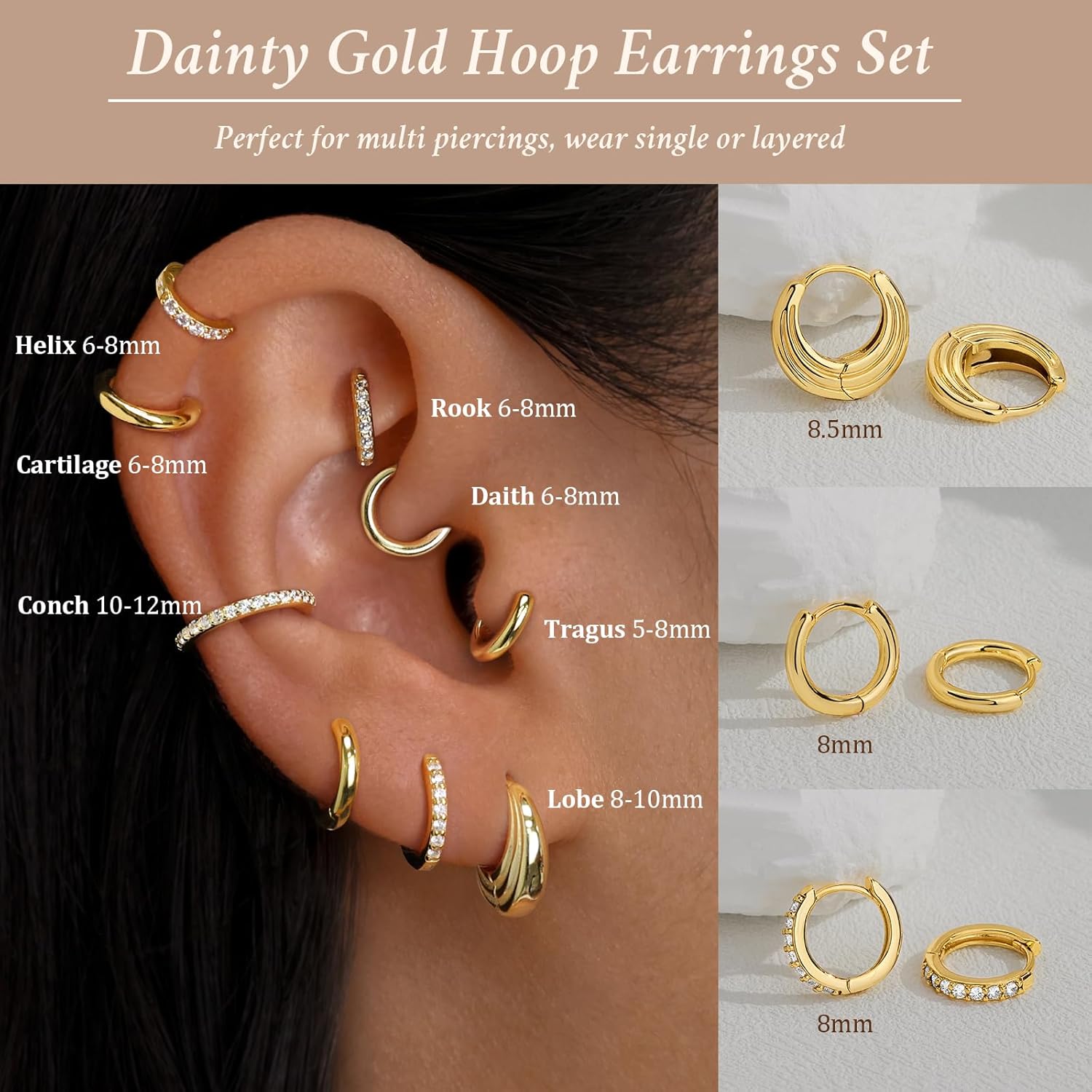 Small Sterling Silver Huggie Hoop Earrings Set for Women, Hypoallergen