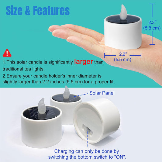 SingTok 6 PCS Solar Powered Tea Light Waterproof Rechargeable Candles, White Flickering LED Flameless Votive Battery Operated for Outdoor Garden Decor