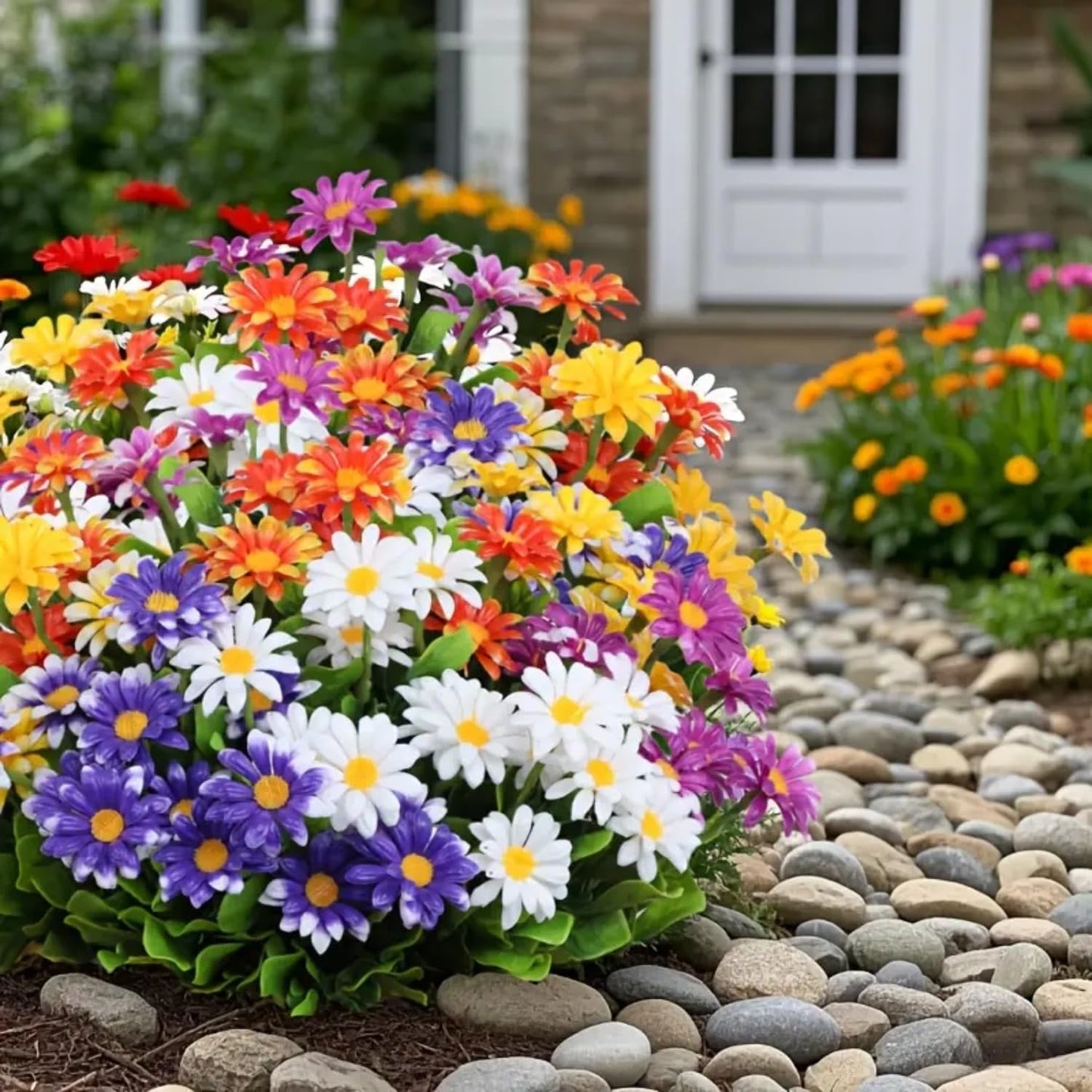 10 Bundles Outdoor Artificial Daisies Plastic Flowers UV Resistant Fake Daisy Flowers Faux Plants for Home Decor Indoor Outside Front Porch Window Box Planter Garden Pot Decoration