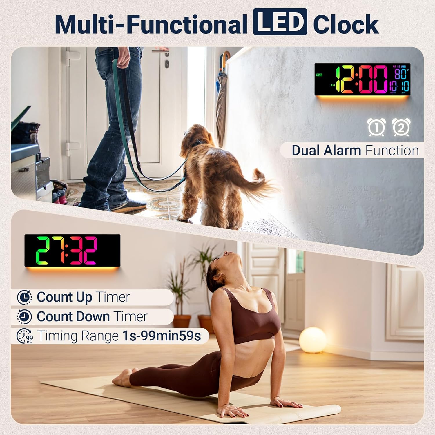 16.5인치 대형 디지털 벽시계: 11 RGB 컬러 LED 디스플레이, 리모컨, 자동 DST, 온도 및 날짜, 노인, 교실, 