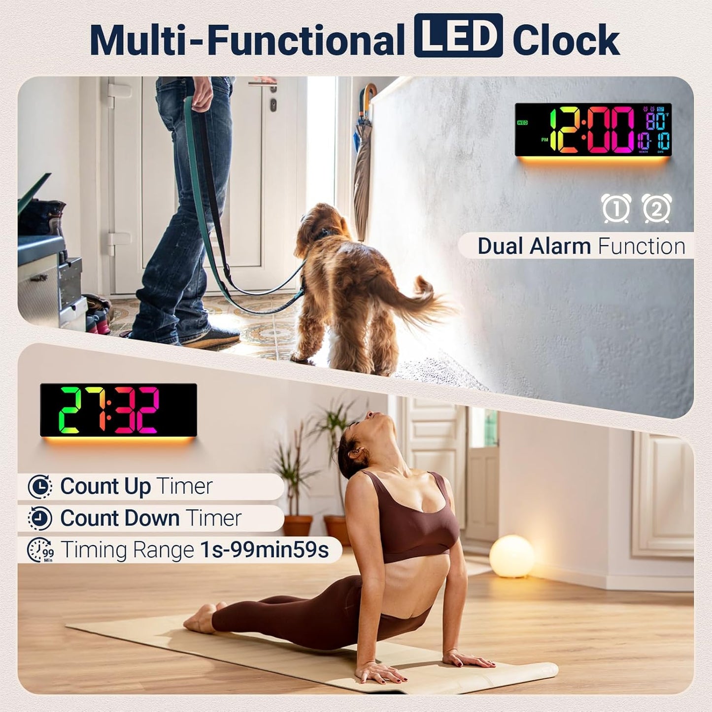 16.5인치 대형 디지털 벽시계: 11 RGB 컬러 LED 디스플레이, 리모컨, 자동 DST, 온도 및 날짜, 노인, 교실, 사무실, 체육관, 홈 데코를 위한 큰 숫자 벽시계 블랙