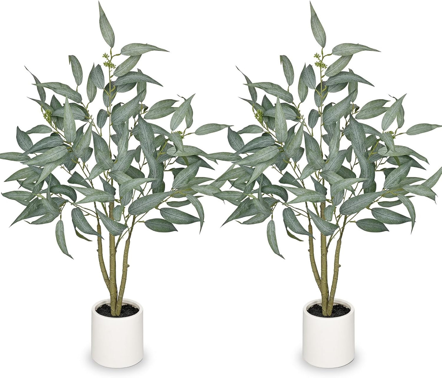 2 Packs Artificial Eucalyptus Tree in White Pot – 3FT Faux Indoor Plant for Home Décor, Modern Greenery for Living Room, Bedroom, Office – Realistic Silk Leaves, Minimalist Planter