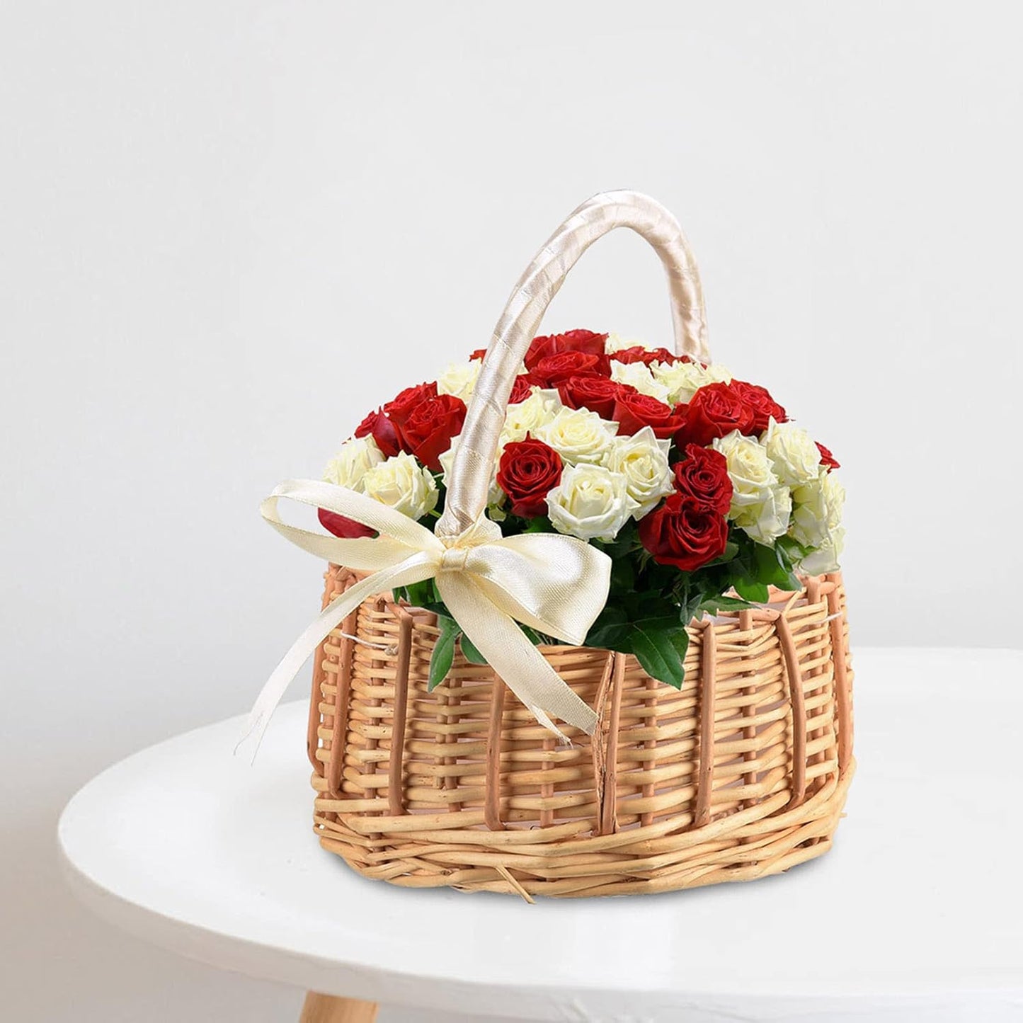 Wicker Rattan Flower Basket, Wedding Flower Girl Baskets, Willow Handwoven Basket with Handles and Plastic Insert, Woven Eggs Candy Basket for Garden Decor, White, S (210209HT07-1-10031-1949313471)