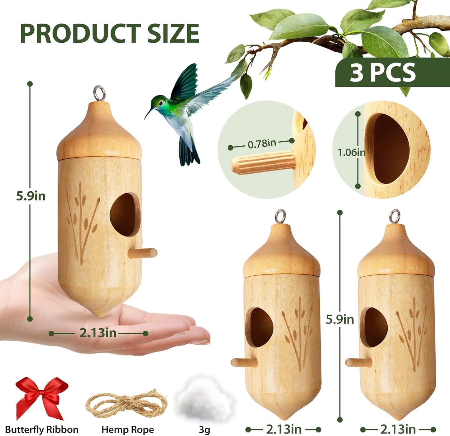 Hummingbird House, Wooden Hummingbird Houses for Outside Hanging, Humming Bird Nest Swinging, Wooden Bird Houses with Cotton, Bow, String, Gardening Gifts Decoration (3 Pack)