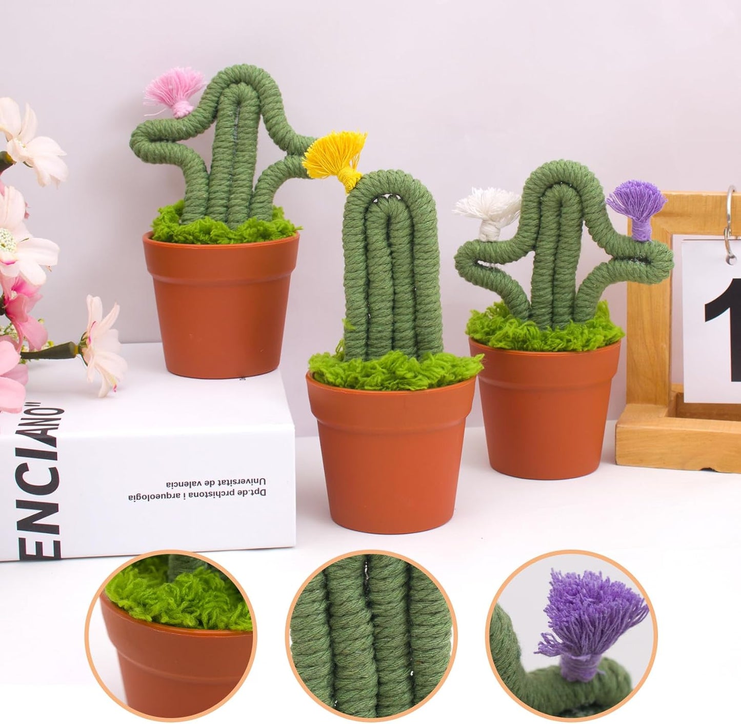 3pcs Handmade Macrame Artificial Cactus, Fake Cactus Potted Plants in Planter Pot, Cute Plant for Friends, Lovers, Classmates and Home Decor Indoor Office Desk