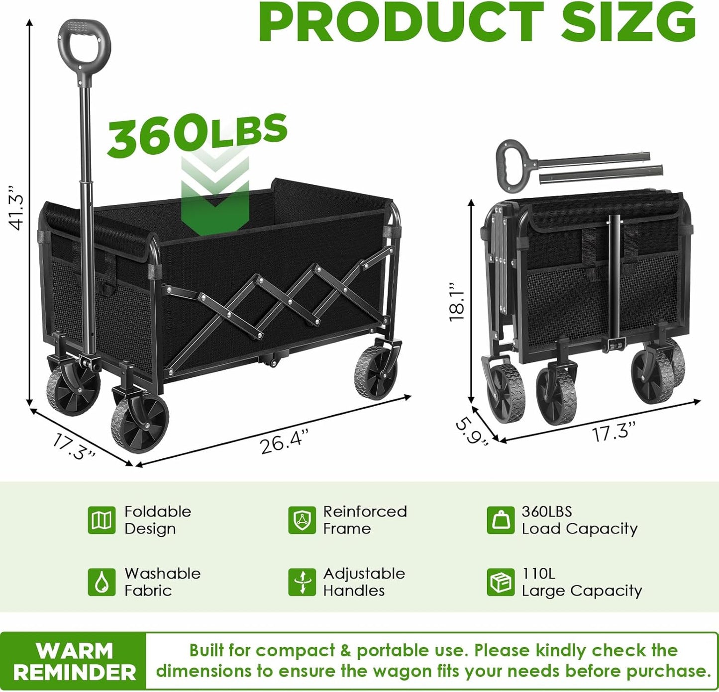Wagons Carts Foldable - Collapsible Folding Wagon, Portable Folding Wagon Cart with Wheels, Outdoor Utility Carts for Groceries, Camping, Sports, Shopping, Garden, Black