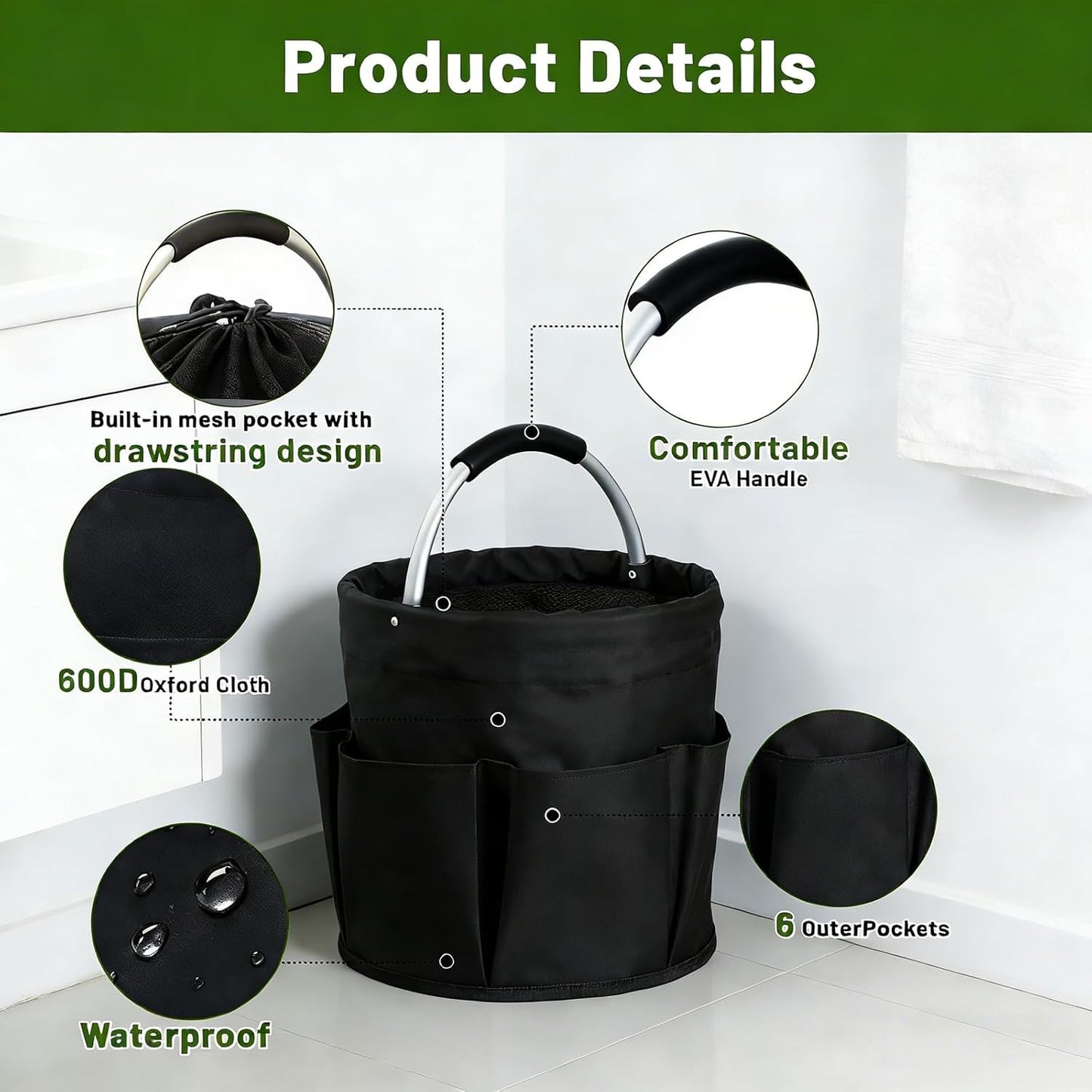 17L Foldable Cleaning Caddy with Handle - Portable Oxford Fabric Storage Bucket, Organiser for Cleaning Supplies, Toiletries, Home, Garden, Picnic & Beach (Black)
