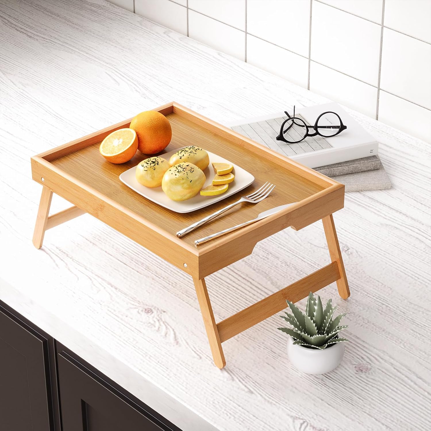 2 Pack Bamboo Bed Tray Table with Folding Legs,Breakfast Trays,Serving