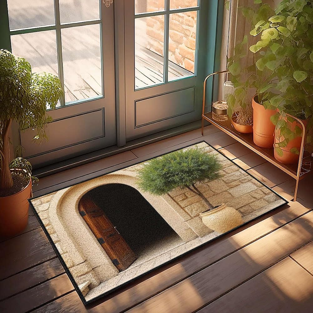 Door Mat Outdoor Entrance Funny A Potted Plant Stands in Front of an Arched Doorway. Doormat Rustic Kitchen Rugs Retro Decor(50X80CM)