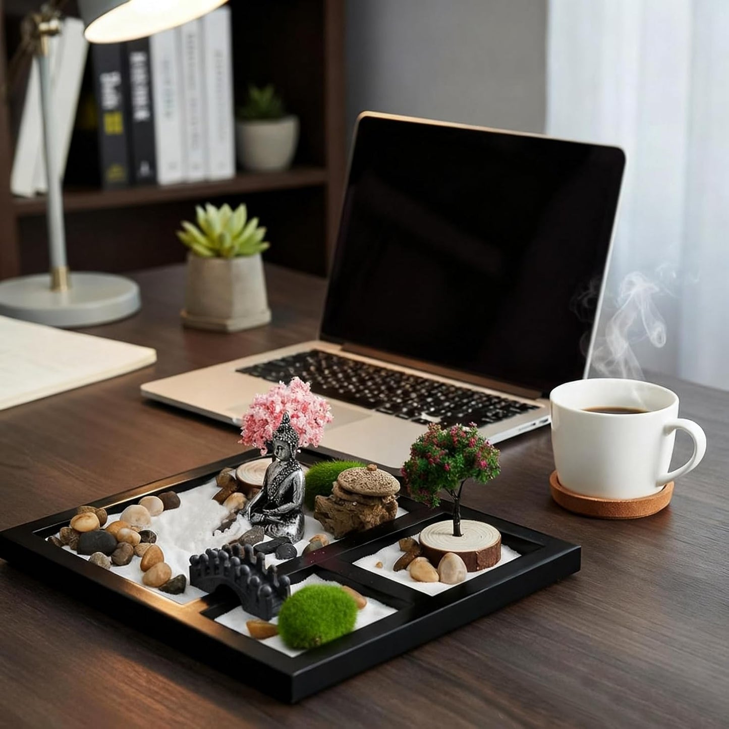 Hiceeden Zen Garden Kit for Desk, 8.5×7.5 Inches Japanese Mini Zen Garden Accessories, Sand Tray Therapy Kit Meditation Gift for Home Office Desk Decor