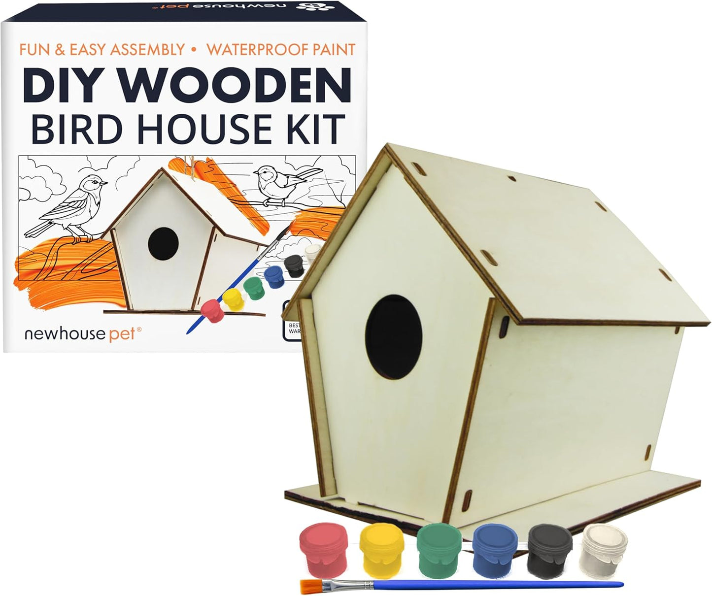 Newhouse Pet DIY Wooden Birdhouse Kit NHP-DIYH-SQ, Easy-to-Build DIY Birdhouse Kit for Kids, Arts and Crafts for Adults and Kids, Bird House for Outside with Weather-Resistant Acrylic Paints