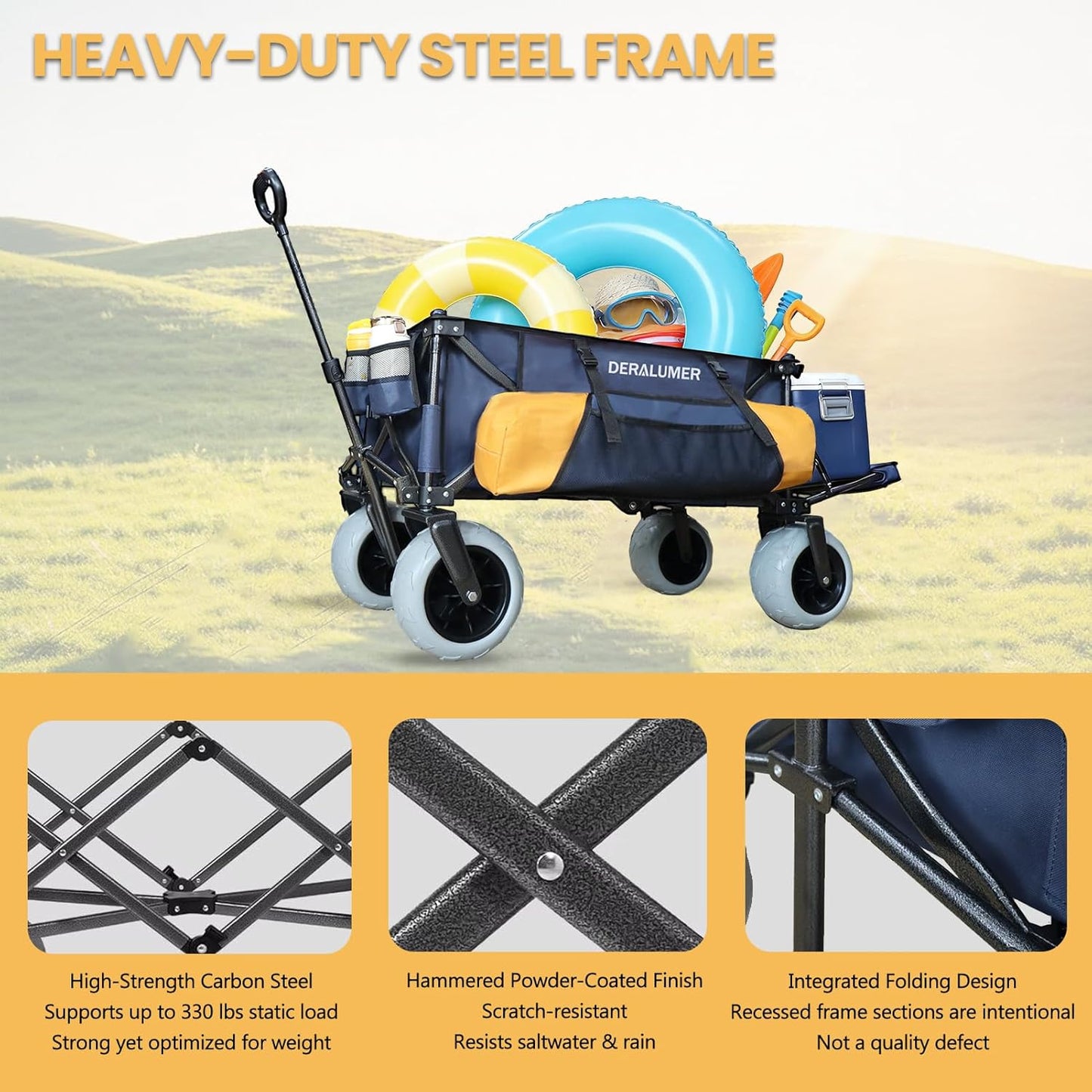 X900 Beach Wagon for Sand with 9"×4" Big Wheels, 48" Extra Large Heavy Duty Folding Wagon with Expandable Tailgate & Side Bag, Puncture-Proof All Terrain Collapsible Utility Cart