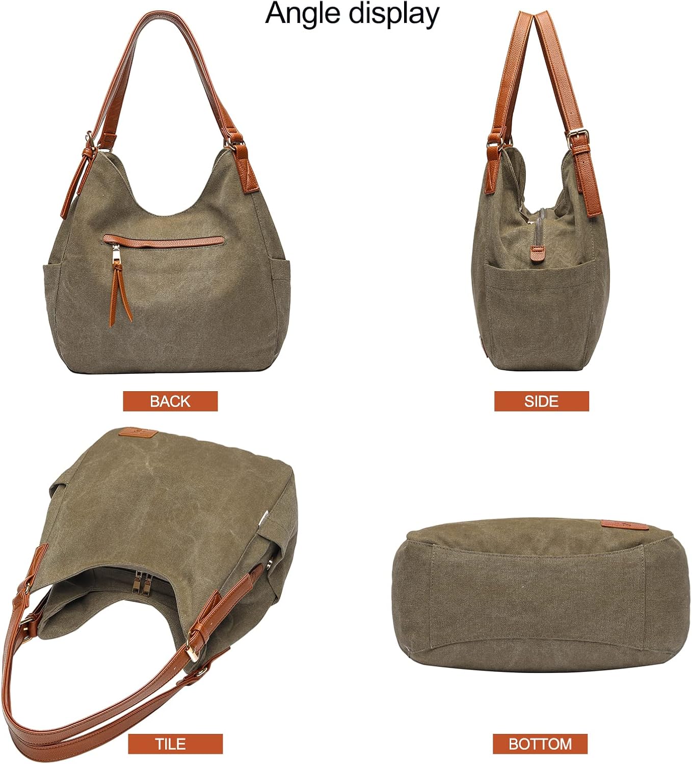 Worldlyda Women Canvas Hobo Purse Multi Pocket Tote Shopper Shoulder B