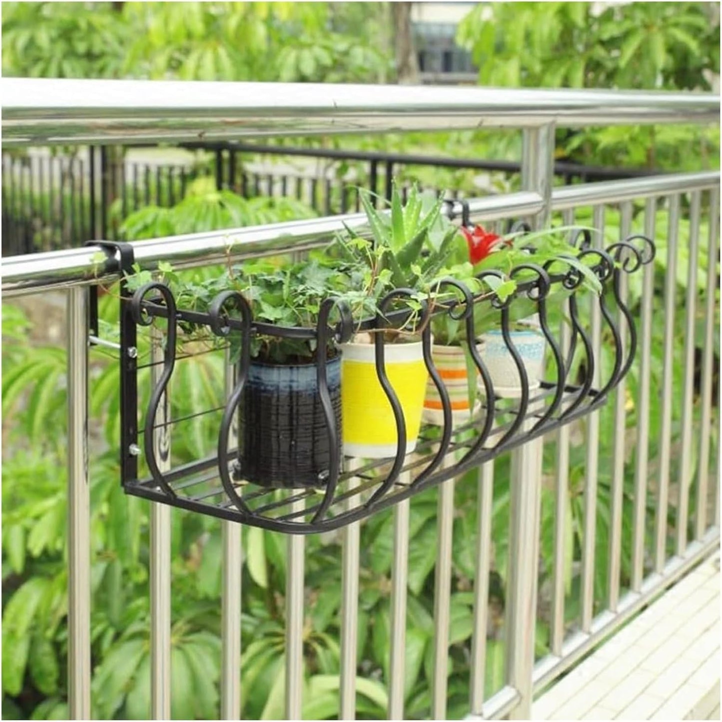 Hanging Railing Planter for Fence, Window Sill & Guardrail – Round/Square with Hook, Durable Potted Plant Stand (Black, 80x28x22cm) for Indoor/Outdoor Use