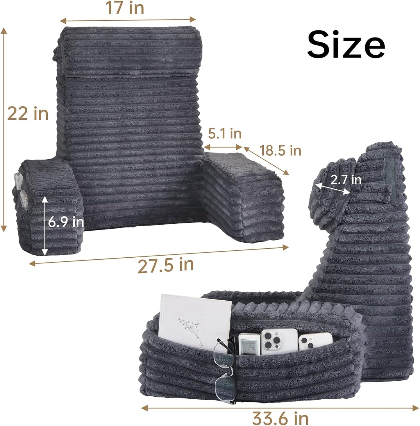 ENITYA 22" XL Back Pillow for Bed Sitting Up, Reading Pillow with Armrests & Big Pockets, Soft Back Support Chair, Ideal for Watching TV, Gaming, Nursing, Resting, Post Surgery, Dark Grey