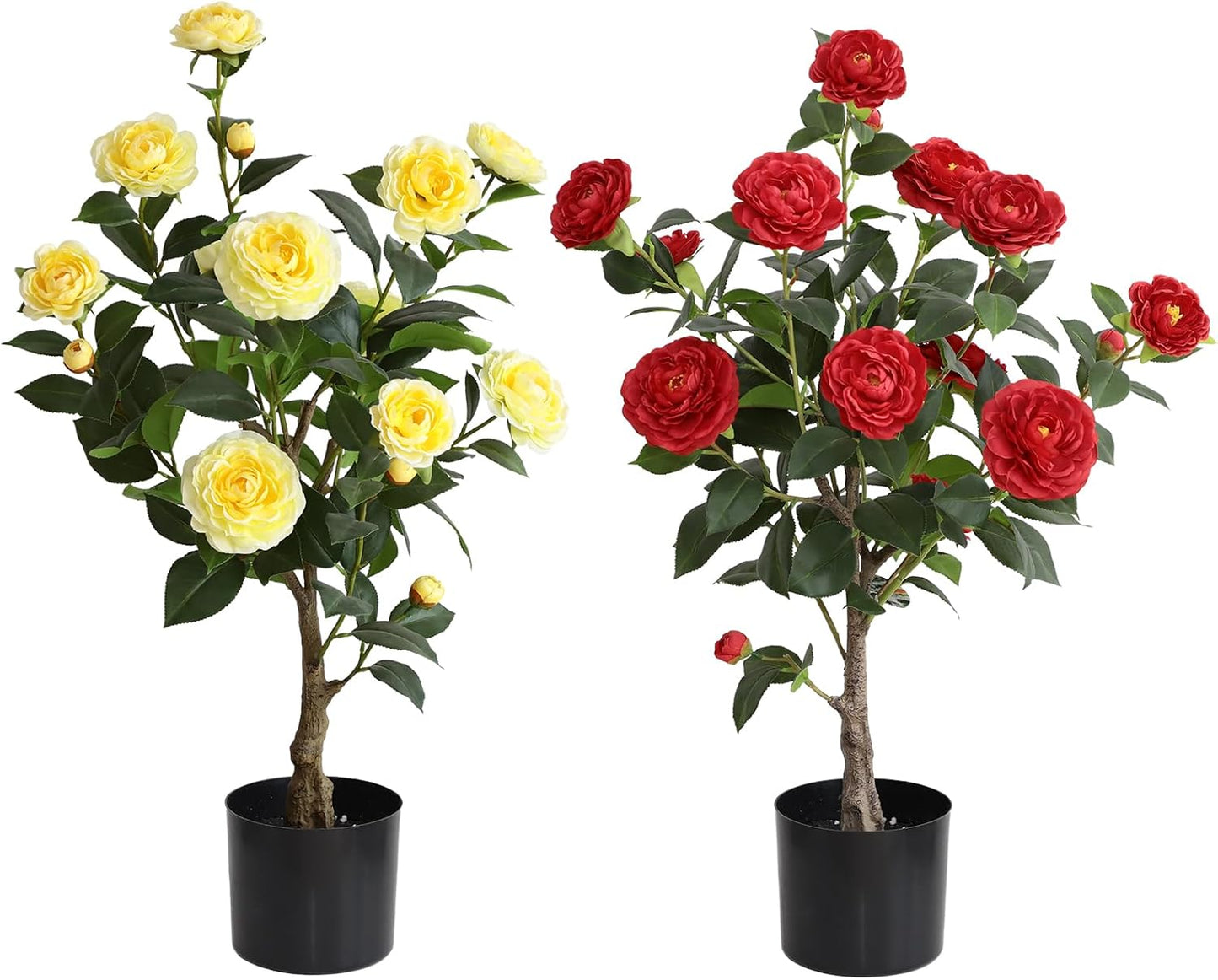 momoplant Artificial Camellia Tree 30 Inch Faux Flower Plant Set of 2 Fake Camellia Trees with 2 Black Pots Plant for Office Home Porch Outdoor Indoor Decor (Yellow&Red)