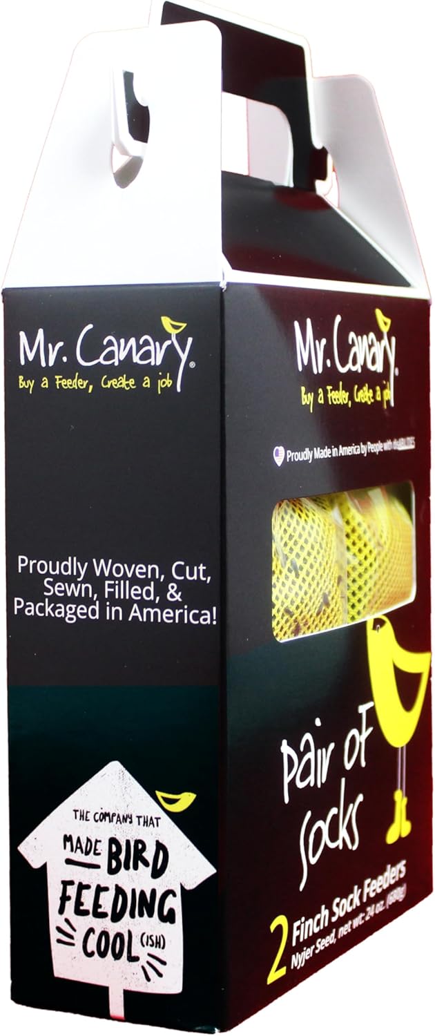 Mr. Canary Yellow 'Pair of Socks' Finch Sock Feeders, 2pk, Seed-Filled All-Season Feeders, 24oz Total