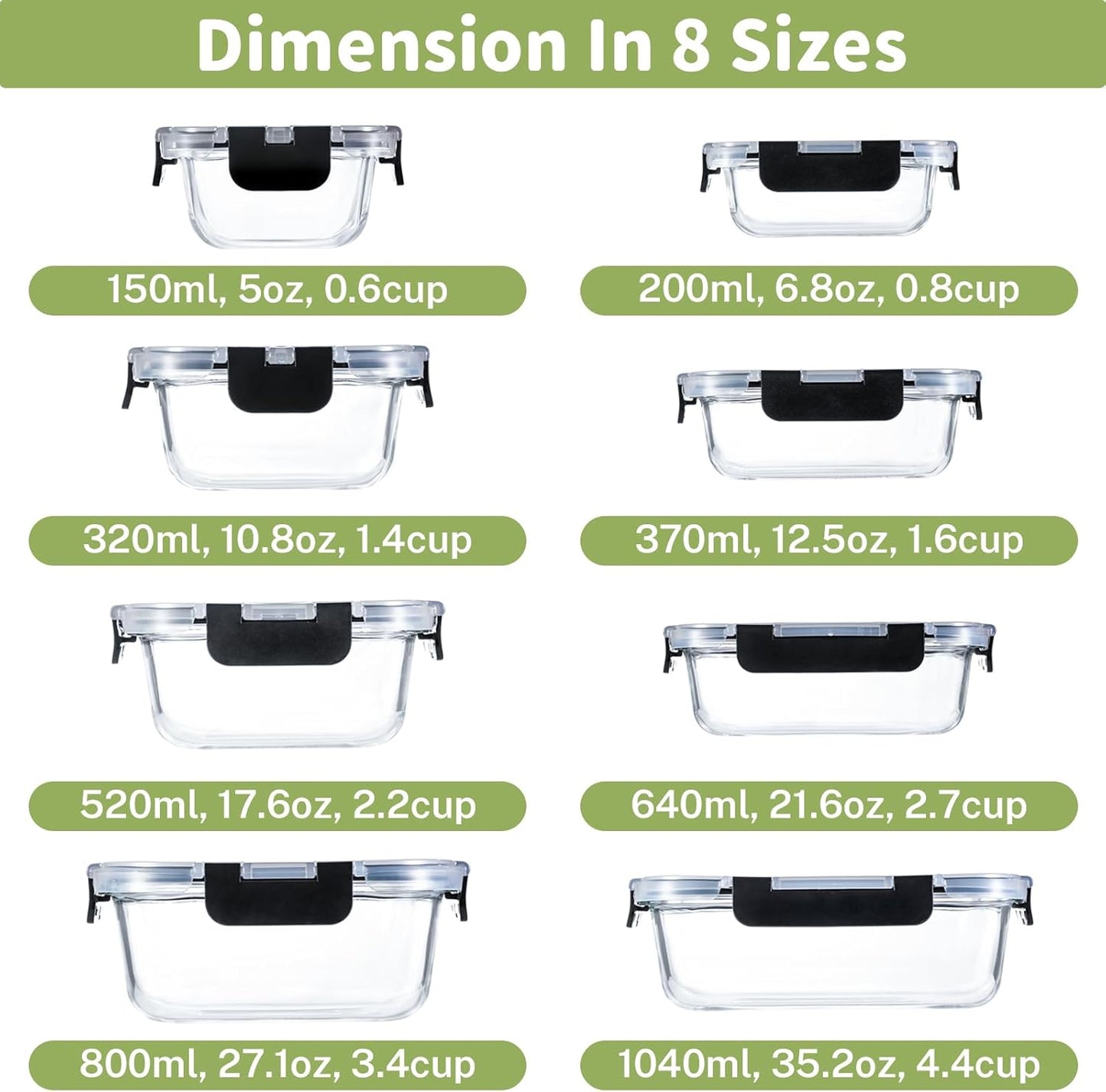 8 Pack Borosilicate Glass Food Storage Containers with Lids, Glass Mea
