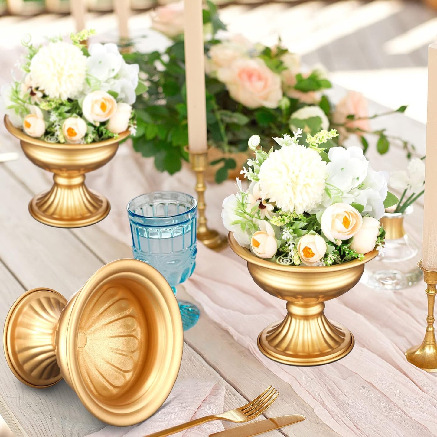 6 Pieces Mini Sized Metal Urn Planter Wedding Centerpieces Vase Gold Flower Vase Compote Vase Pedestal Vase 4.72 Inch Tall Home Flower Stand Small Plant Pots for Birthday Anniversary Ceremony