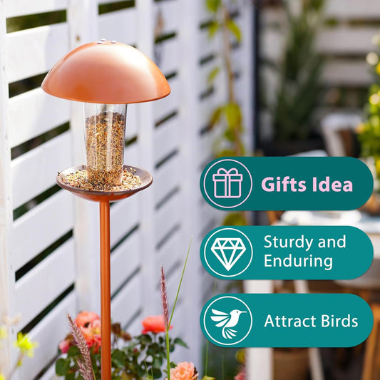 Goodeco Bird Feeder with Pole Standing - Metal Outdoor Bird Feeder for Wild Small Birds, Perfect for Yard Lawn Garden & Patio Decorations, Ideal Gifts for Mom Dad Grandparents (Round)