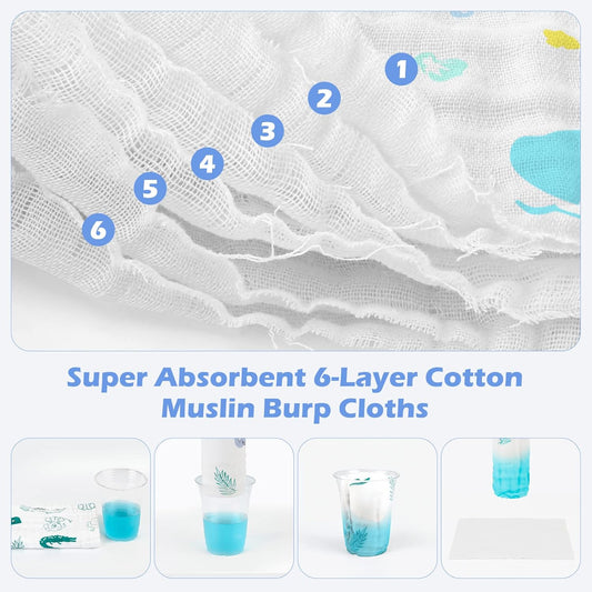 Maliton Muslin Baby Burp Cloths 6 Pack Large 20''x10'' 100% Cotton Bur