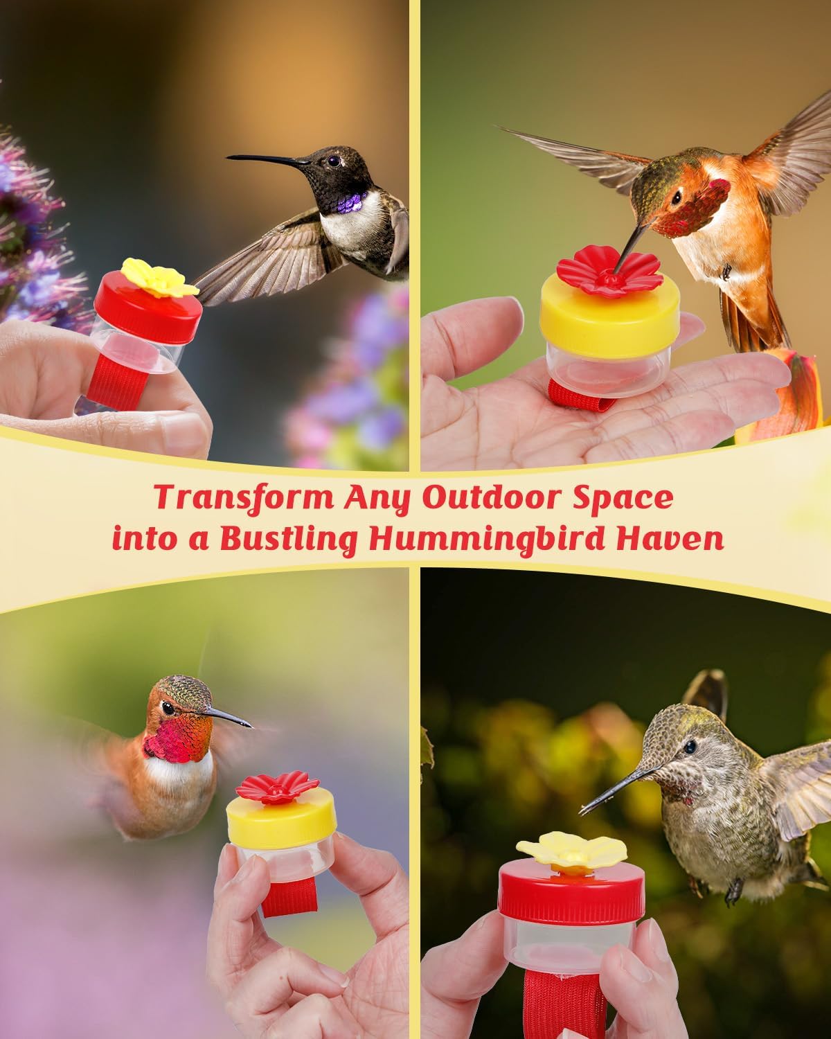 Pawfly 4 Pcs Hand Held Hummingbird Feeders with Cleaning Brushes, Mini Flower Handheld Hummingbird Feeders for Outdoors, Plastic Hummingbird Ring Feeders, Hummingbird Hand Feeders, Wild Bird Feeders