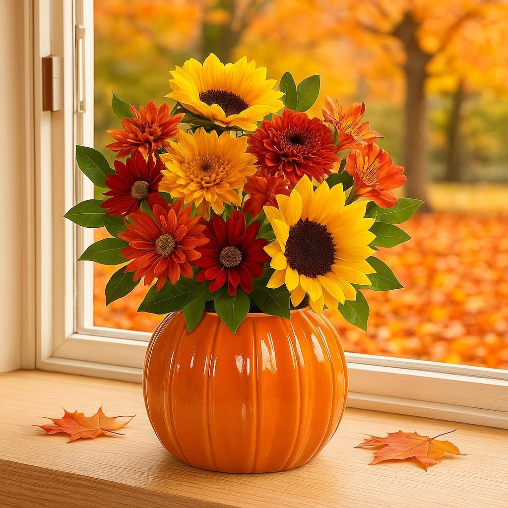LOGOFUN Pumpkin Vase Ceramic Pumpkin Planter Pumpkins Shaped Dried Flower Vases for Thanksgiving Fall Autumn Harvest Decor - Orange 14.00X14.00X11.50cm/5.50X5.50X4.52in