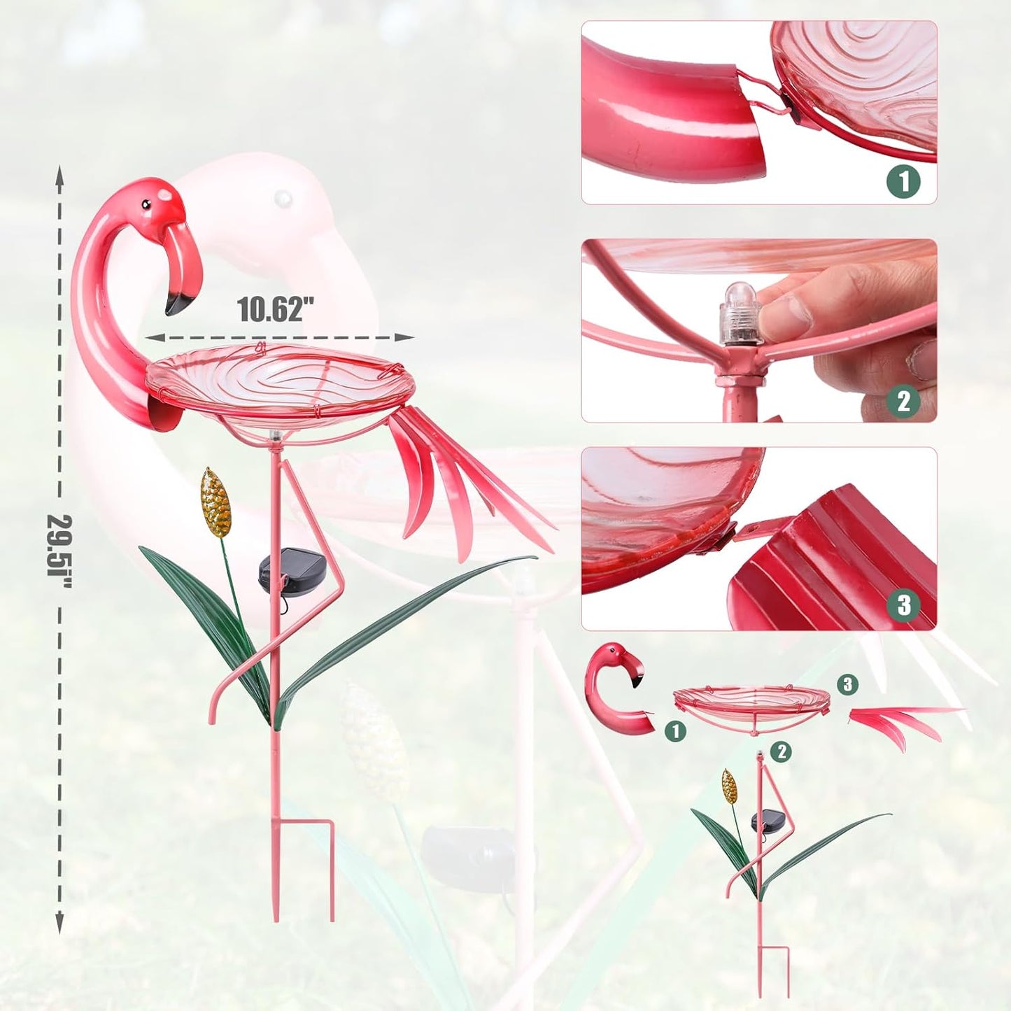 MUMTOP Flamingo Bird Bath with Solar Lights, Glass Birdbaths Birdfeeder Bowl with Metal Stake and Flamingo Decorations for Outside Garden Yard Lawn Outdoor