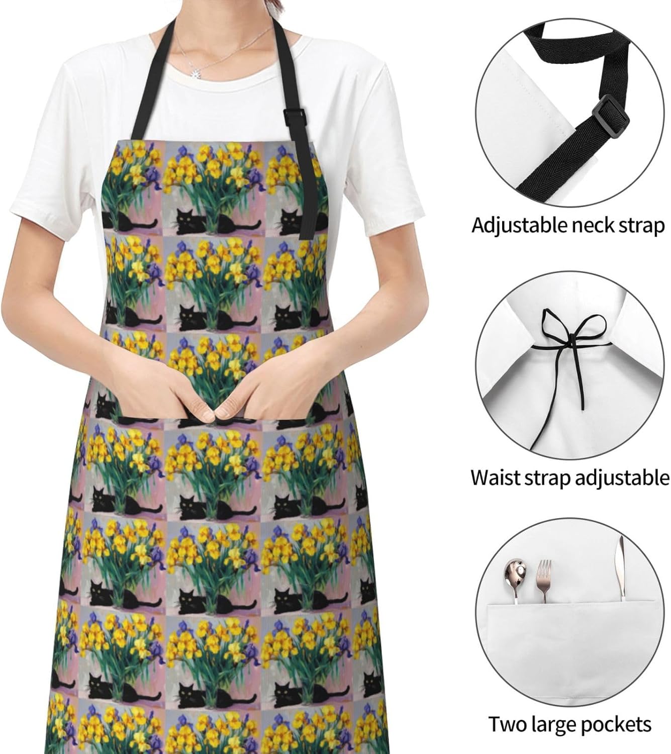 YANYU Cat Flower Embellishment Print 28x33 In Kitchen Apron Stylish Chef Apron with Pockets for Cooking Baking Painting