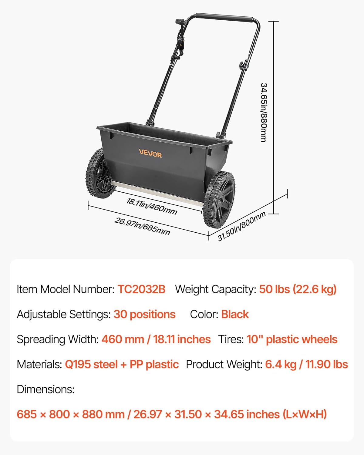VEVOR Broadcast Spreader, 50LBS Capacity, Drop Spreader with Hopper Gr