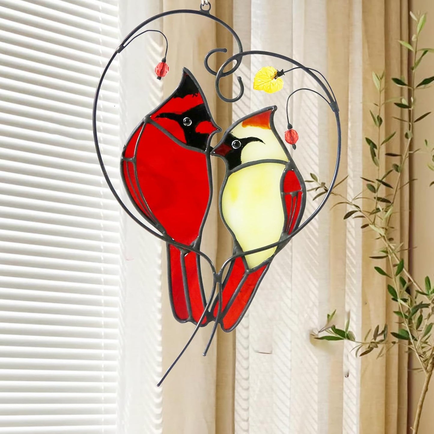 Reefan Cardinal Suncatchers Stained Glass Window Hangings, Stained Glass Cardinal Sun Catchers for Window Hangings,Red Birds Sun Catchers for Christmas Dec, Cardinal Memorial Gifts for Women/Mom