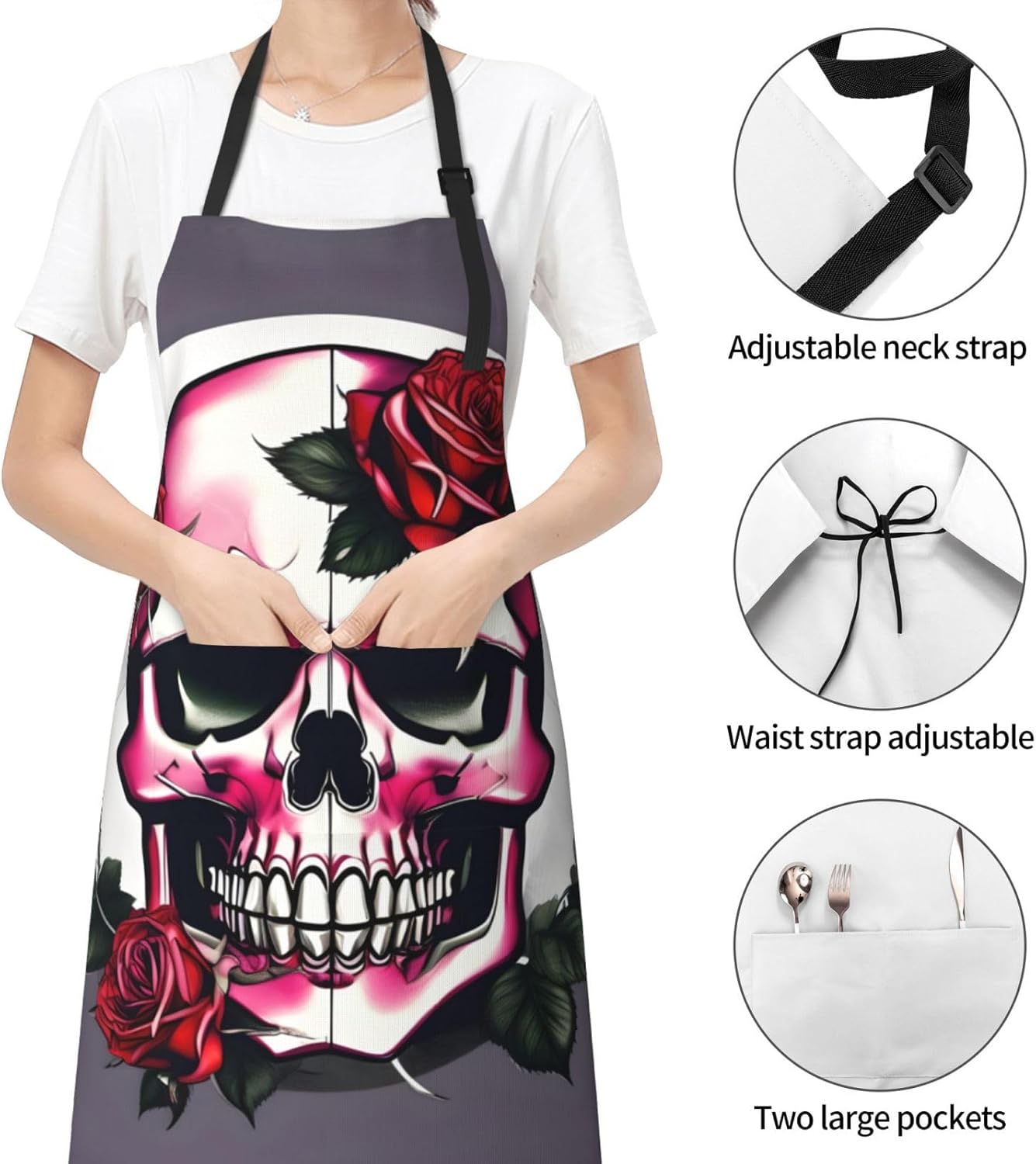 Rose Skull Print 28x33 In Adult Kitchen Apron with Pockets Versatile C