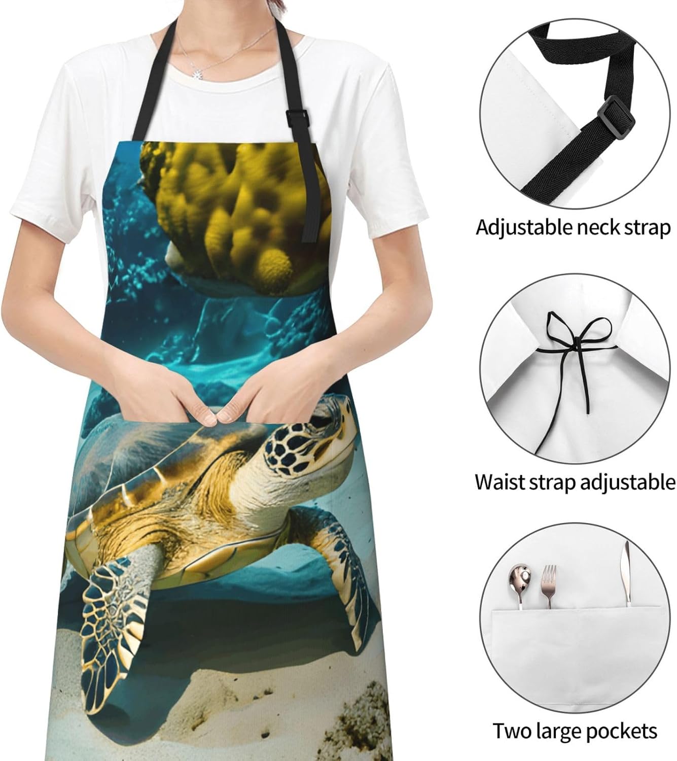 YANYU Sea Turtle Print 28x33 In Kitchen Apron Stylish Chef Apron with Pockets for Cooking Baking Painting