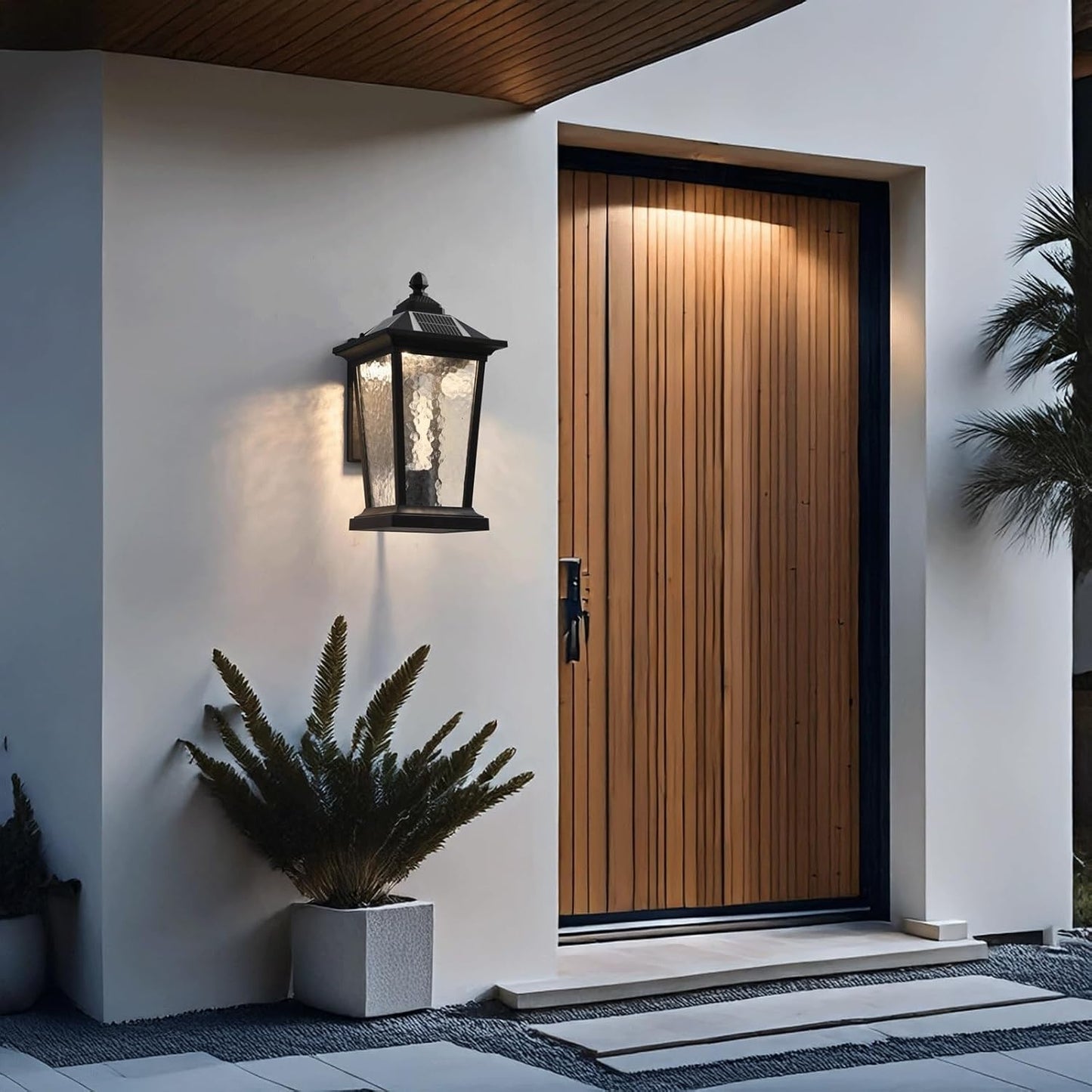 Solar Wall Sconce, Exterior Wall Lantern, Wall Light, Dusk to Dawn with Remote, Black Aluminum and Ripple Glass for Porch Patio Garden Garage Yard Fence Villa Entryway Gate Cottage
